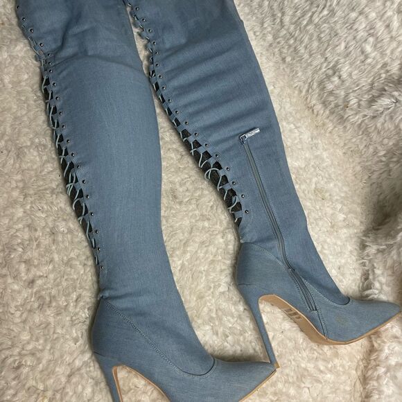 Elegant Collection Denim thigh high back lace up heels boots Size 6 - Picture 7 of 10